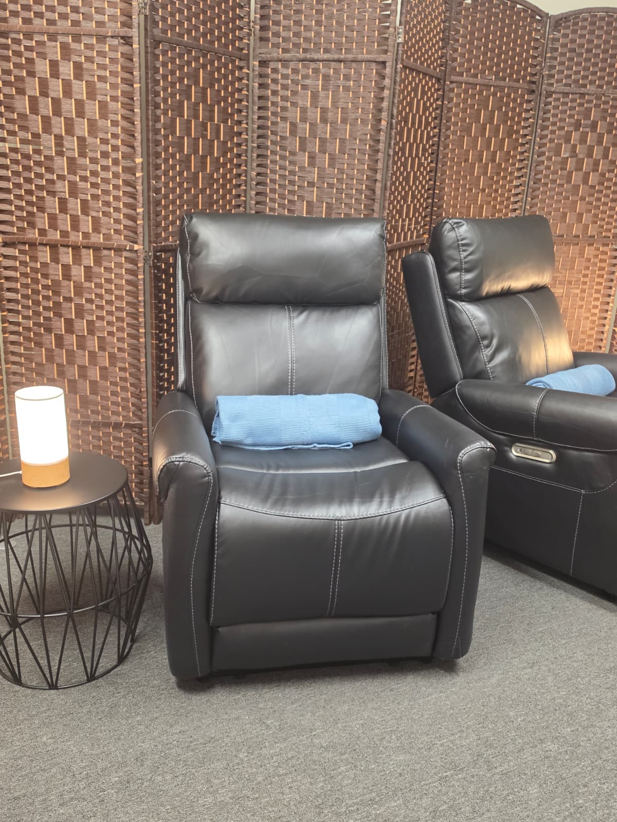 Comfortable therapy chairs in a calming office space
